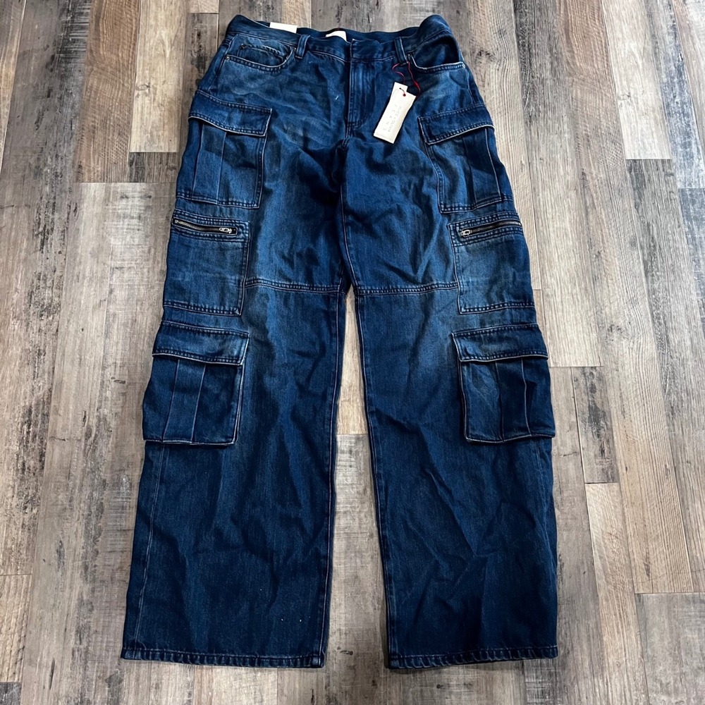 Alice + Olivia Jeans Cay Love Train Wide Leg Cargo Denim Pants Dark Wash | 32